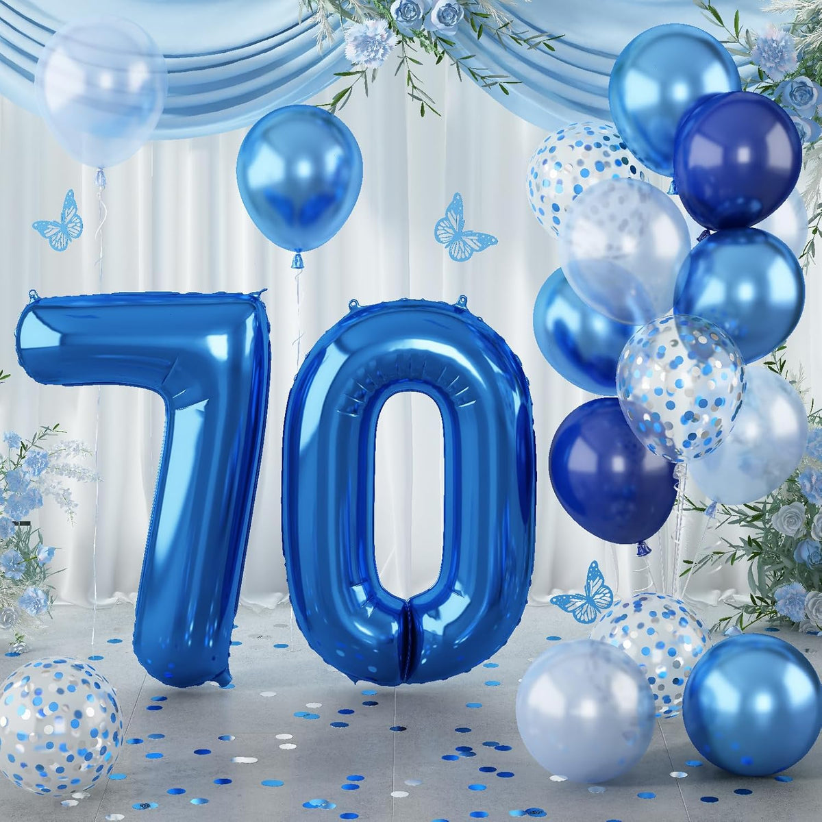 Giant Number Foil Balloon 70, Dark Blue Self Inflating 70th Birthday Balloon for Men, 40'' 70