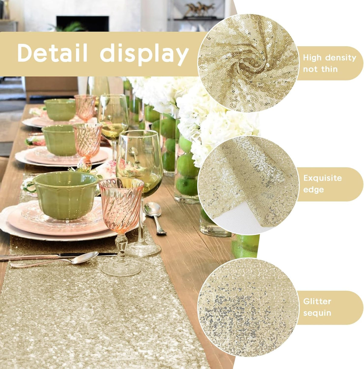 6 Packs 12 x 72 inches Sequin Table Runner, Champagne Glitter Table Runner for Birthday Party