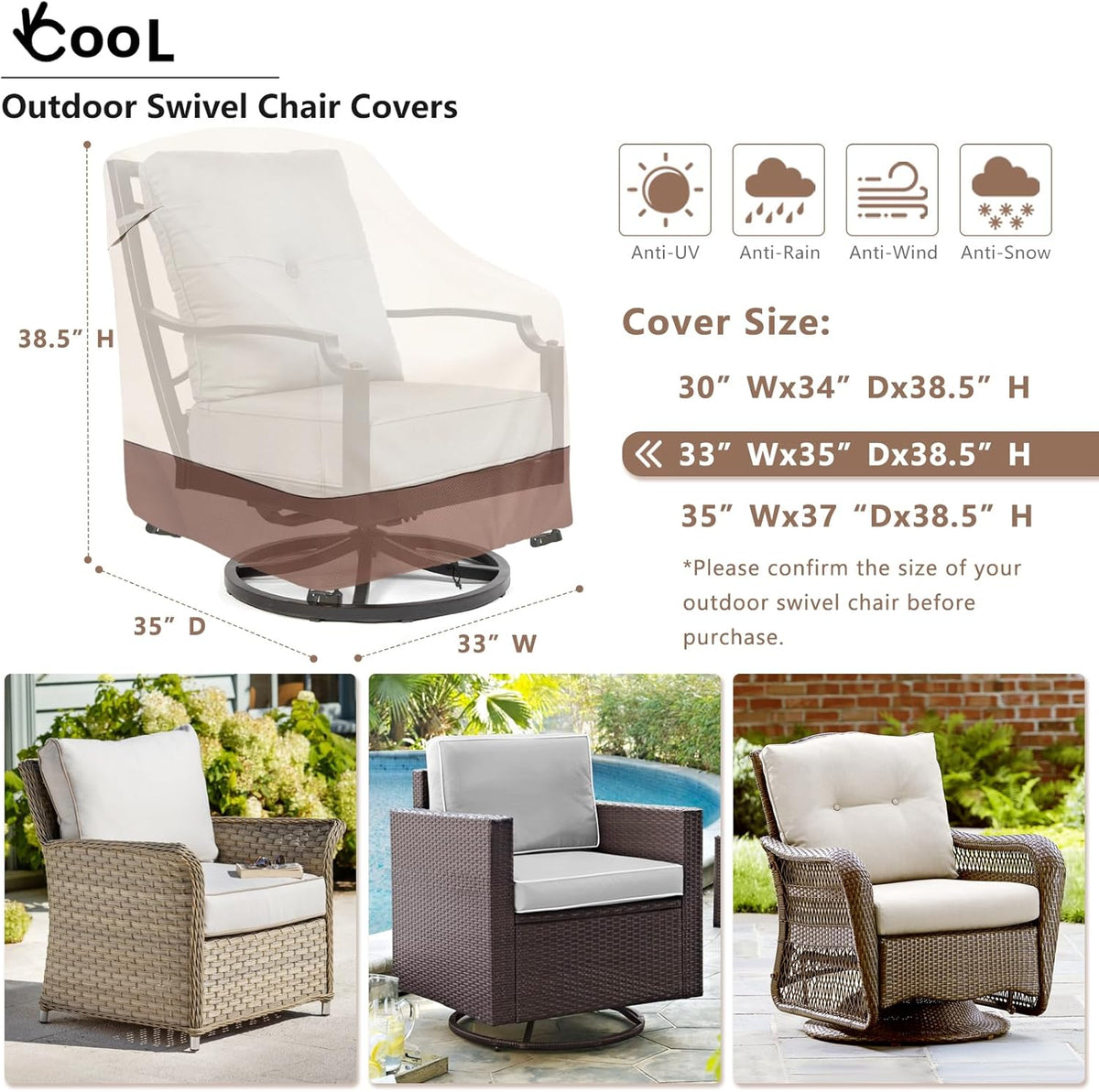 Outdoor Swivel Chair Cover 2 Pack,Outdoor Furniture Patio Chair Covers Waterproof Clearance,(33"W x