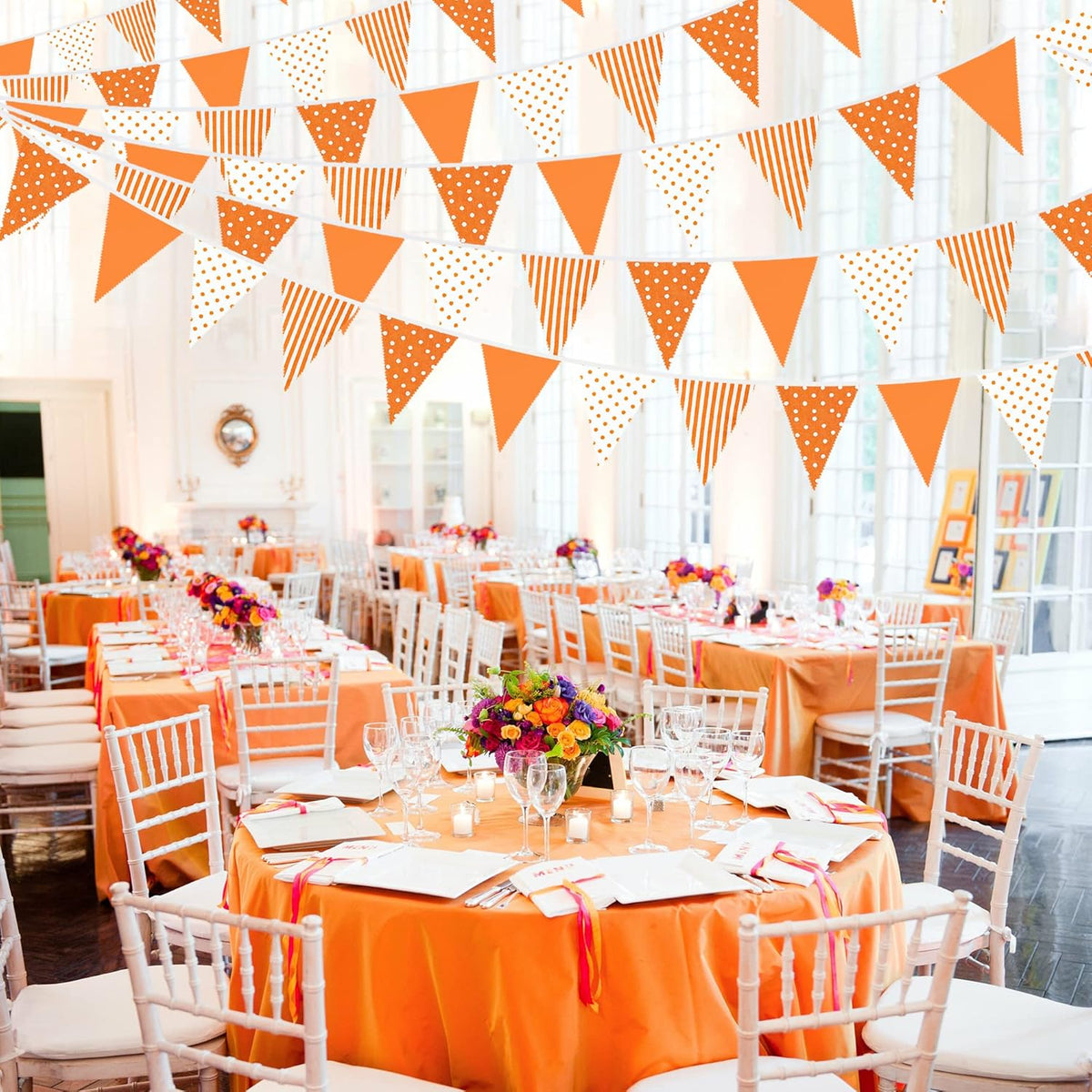32Ft Orange Stripe Dot Triangle Flag Fabric Banner Cotton Pennant Garland Bunting Streamer for Fall