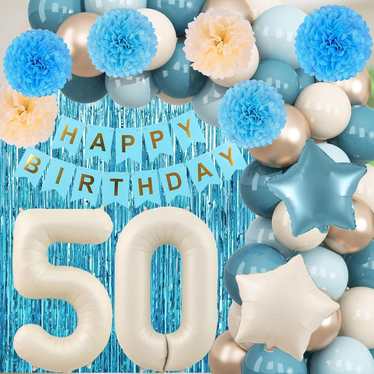 Dusty Blue 50th Birthday Party Decorations for Women Men Beige Cream Number 50 Balloon with Blue