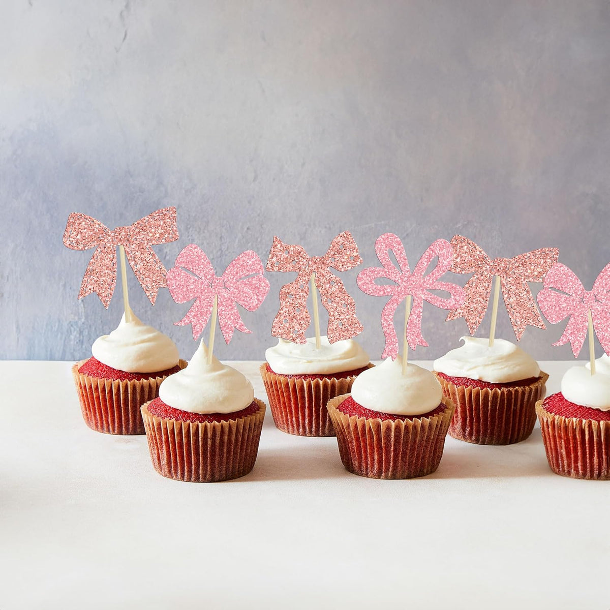 Ephlyn 24pcs Pink & Rose Gold Bow Cupcake Toppers - Perfect for Birthday, Baby Shower, Bridal