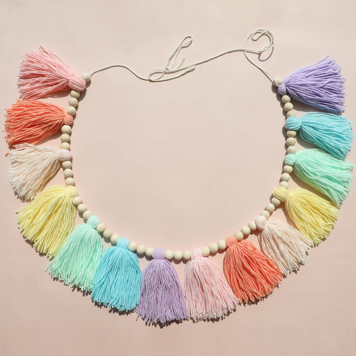 Pastel Rainbow Boho Tassel Garland Wall Hanging with Wood Beads for Baby Shower Birthday Party