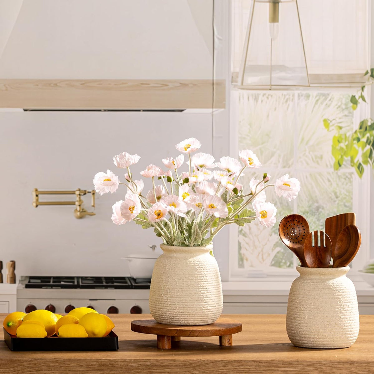 Ceramic Flower Vase, 7.48 Inch White Rustic Farmhouse Decorative Vase Pottery Wide-Mouth Vases for