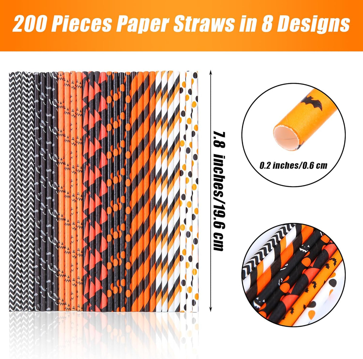 Cooraby 200 Pieces Halloween Paper Straws Pumpkin Bat Spider Web Pattern Straws Black Orange