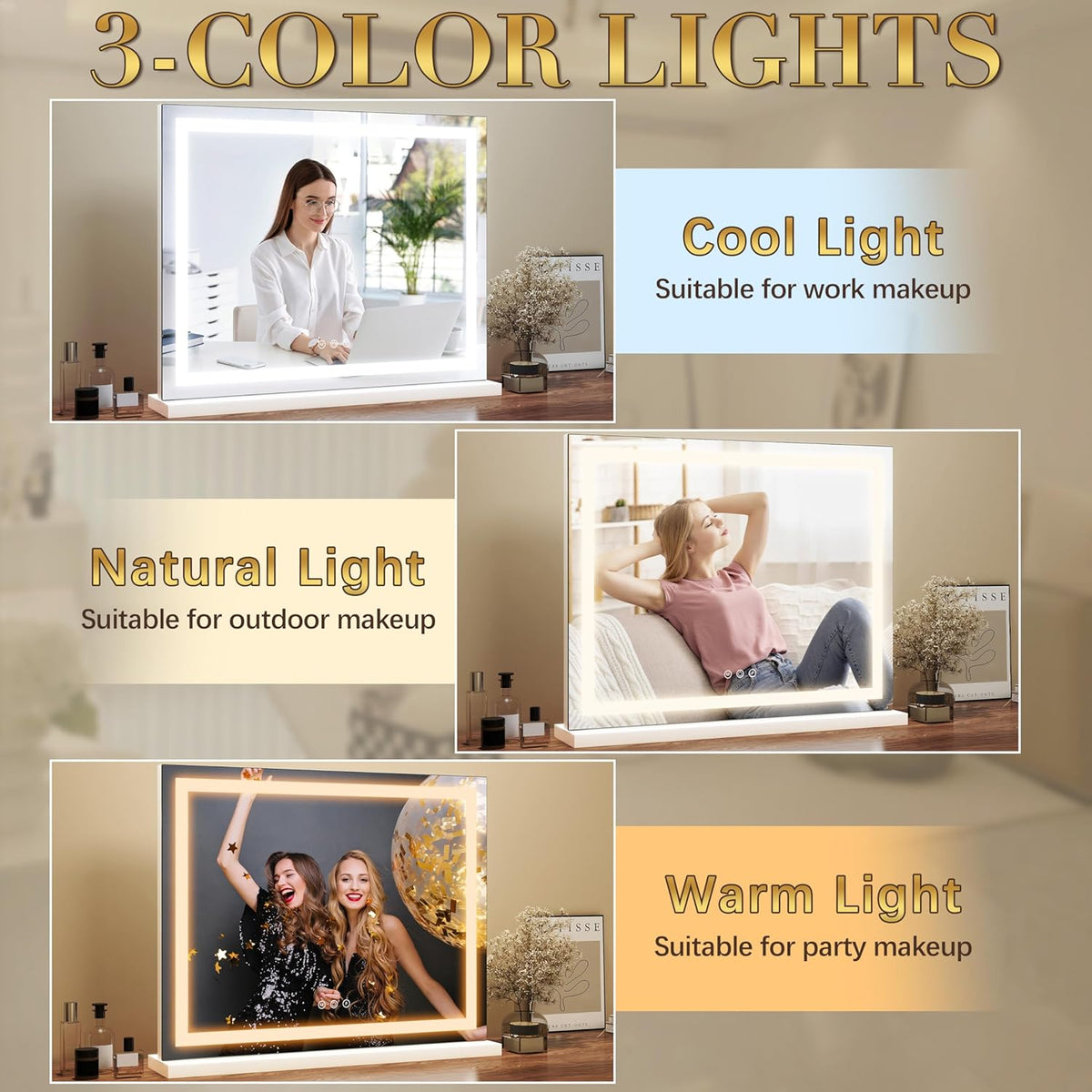 23x18 Inch Lighted Vanity Mirror, 3-Color Dimmable LED & Touch Control - Large Makeup Mirror for