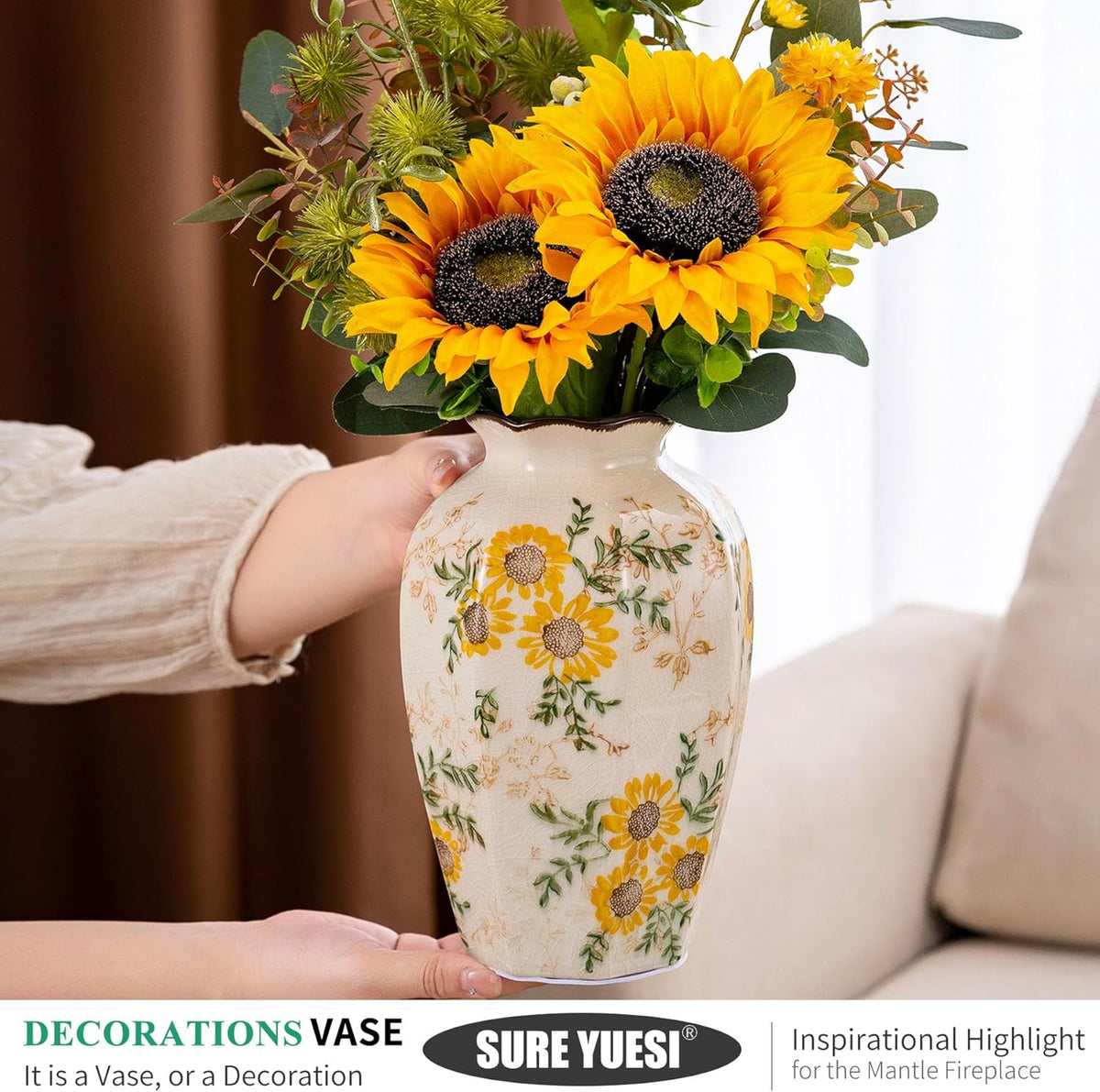 Hand-Painted Sunflower Vintage Ceramic Octagonal Vase, Green Yellow Beige Flower Vases for Bouquet