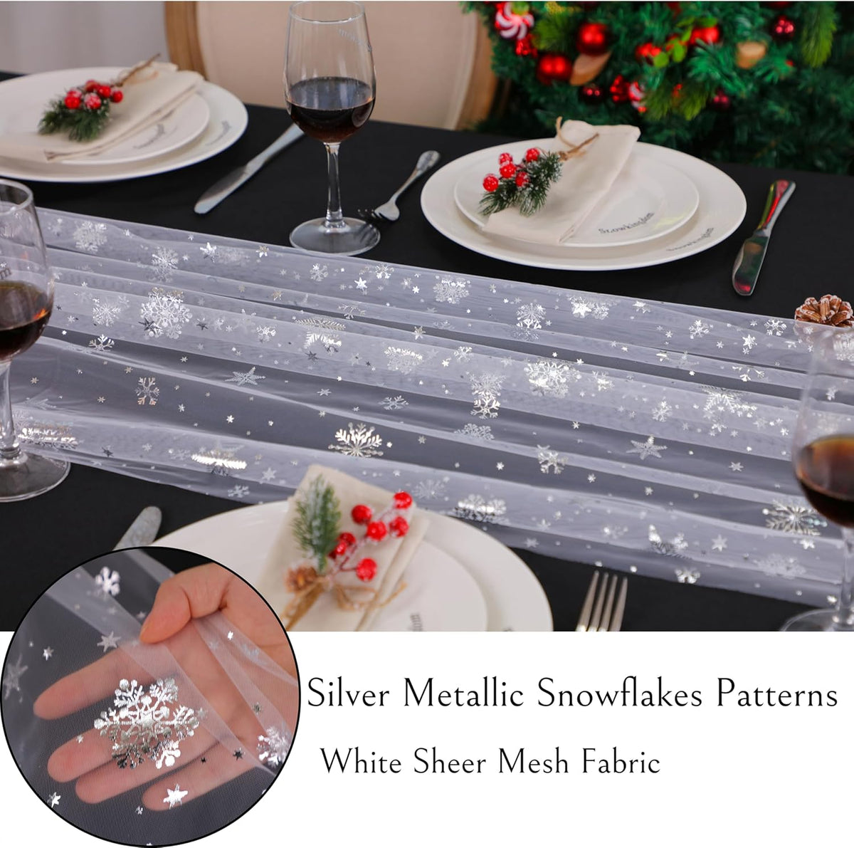 Snowkingdom Christmas Snowflake Cheesecloth Table Runner Silver 120 Inch Sheer Chiffon Gauze