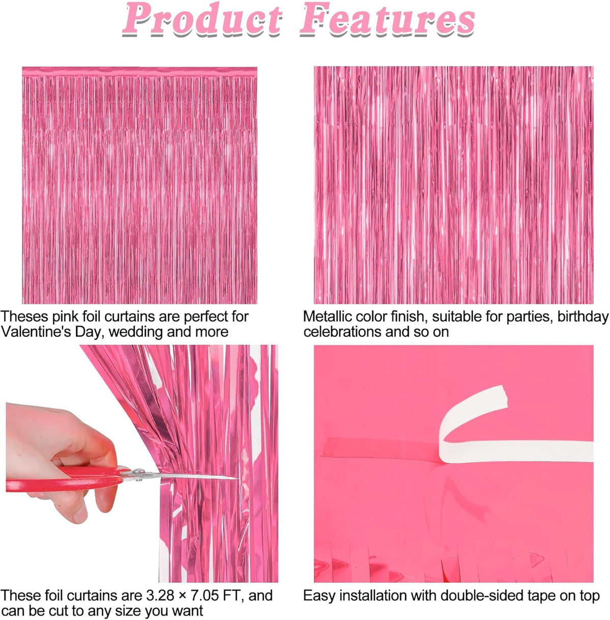 4 Pack Birthday Decorations, 3.28 FT x 7.05 FT Pink Backdrop, Metallic Happy Birthday Backdrop