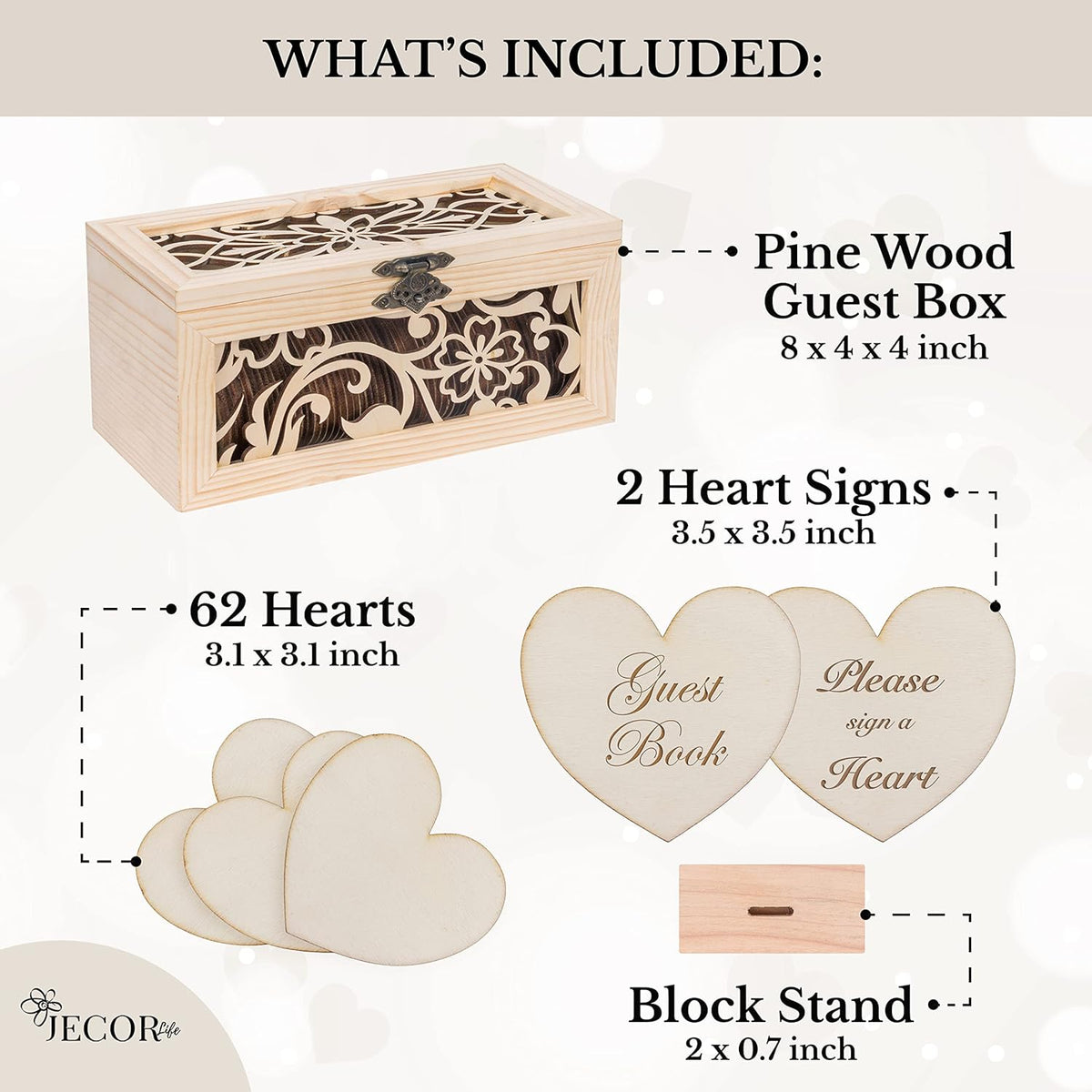 Alternative Guest Book Box - Wedding Guest book Alternative - 62 Large Wooden Hearts - Also for
