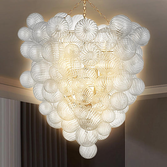 Mid Century Bubble Ball Swirled Glass Chandelier, 36 in. 2-Layer Cages Gild Gold and Clear Blown
