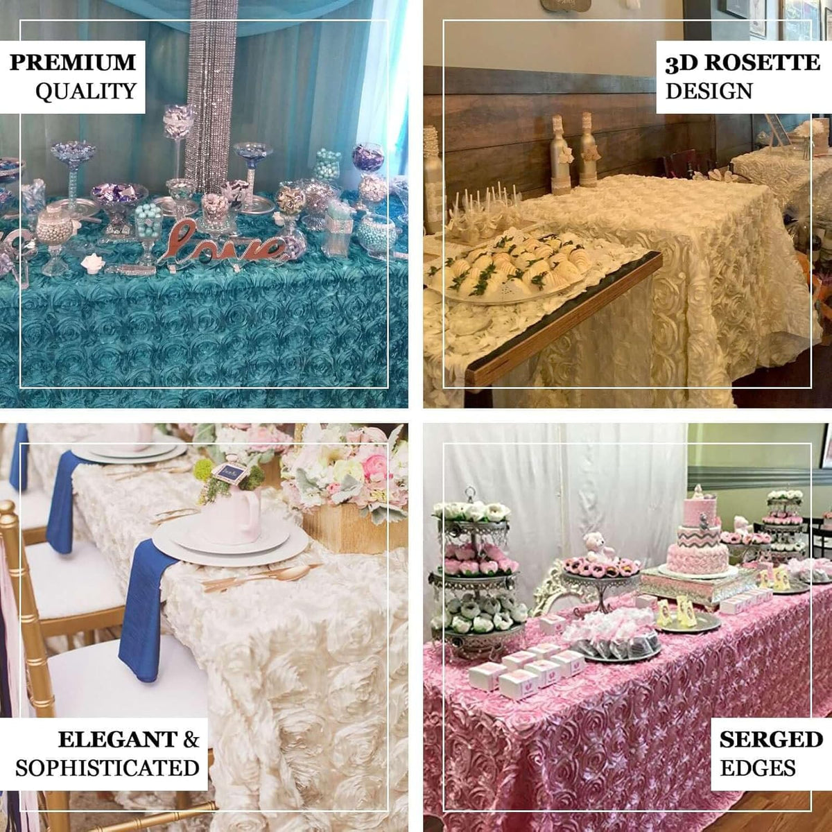 Efavormart 90"x156" Wholesale Rectangle Table Cover Blush Grandiose Rosette 3D Satin Tablecloth for