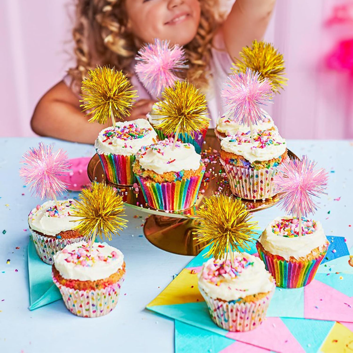 Gyufise 30Pcs Foil Firework Cupcake Toppers Sparkle Tinsel Cake Toppers Tinsel Drink Cake
