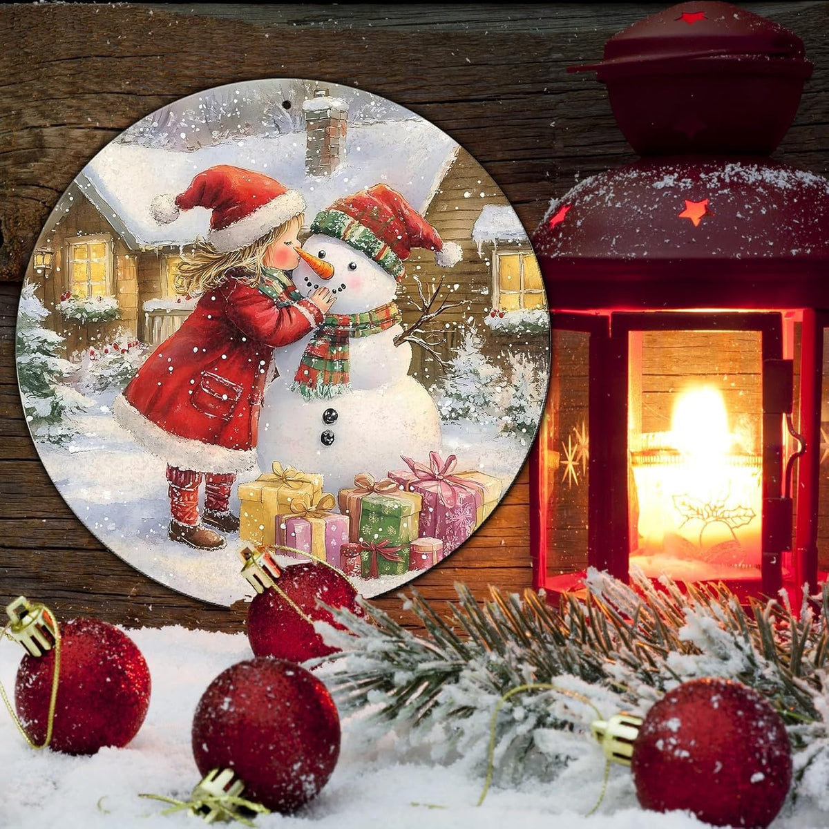 Round Wall Decor Christmas Metal Tin Sign Girl and Snowman Sign Rustic Wall Decor Wall Plaque