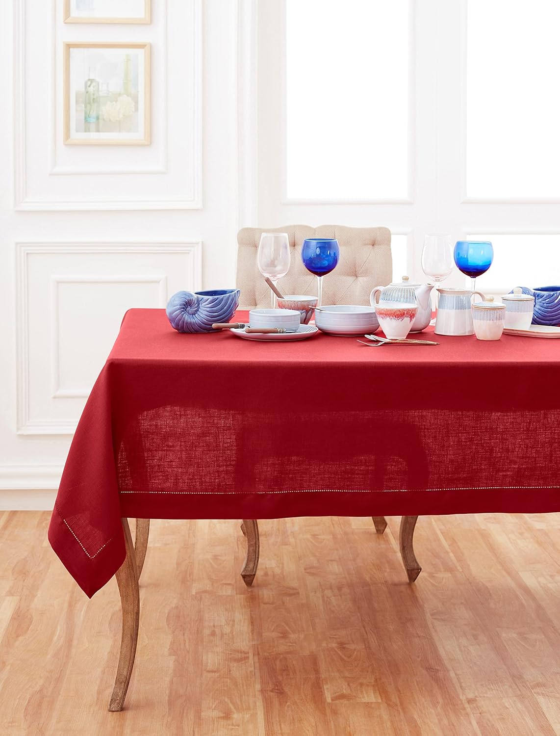 Solino Home Red Linen Tablecloth 52 x 52 Inch - 100% Pure Linen Square Table Throw - Classic