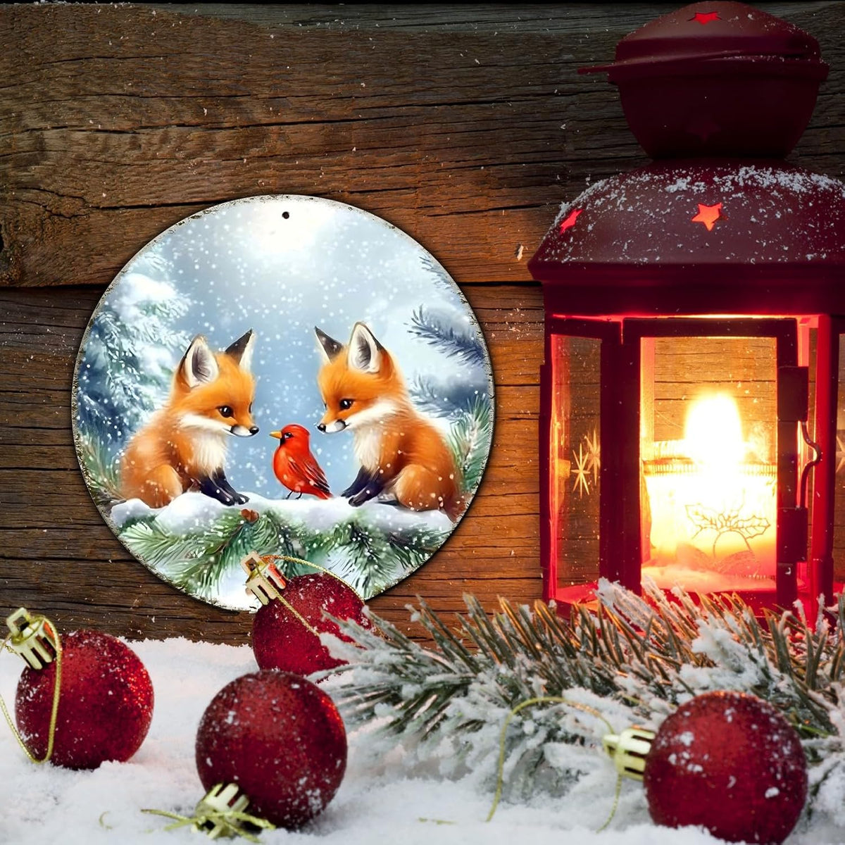 Christmas Round Fox Metal Tin Sign - Red Bird Winter Vintage Sign for Home & Outdoor Decorations
