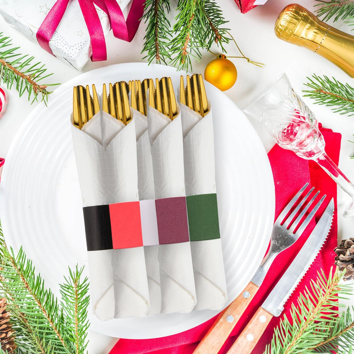 2500pcs Self-Adhesive Napkin Bands & Silverware Wraps, 5 Colors (Burgundy/Red/White/Black/Hunter