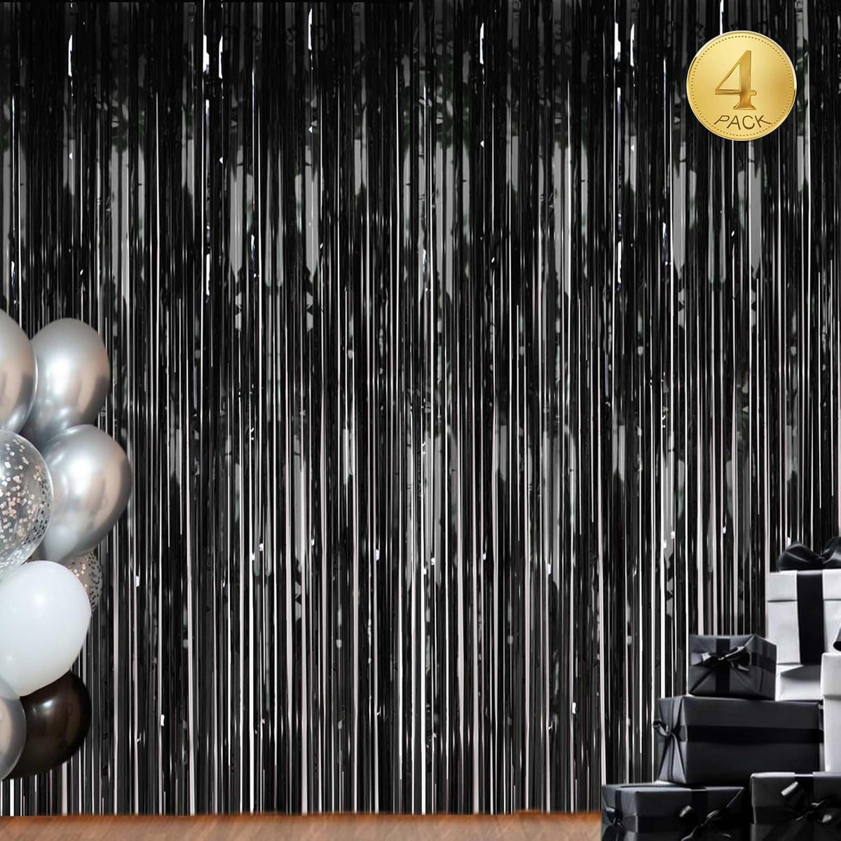 4Pack Black Foil Fringe Curtains Black Streamers Backdrop for Party Decorations, Wedding