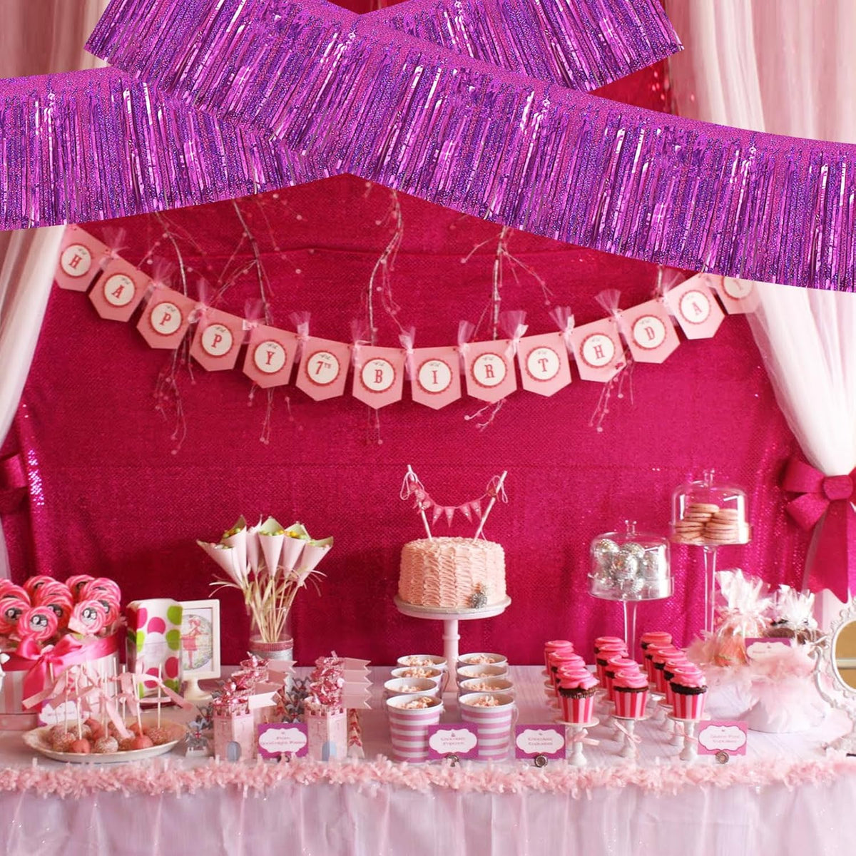 BEISHIDA 3 Packs Metallic Foil Fringe Garland Laser Rose Red Wall Hanging Tinsel Fringe Banners for