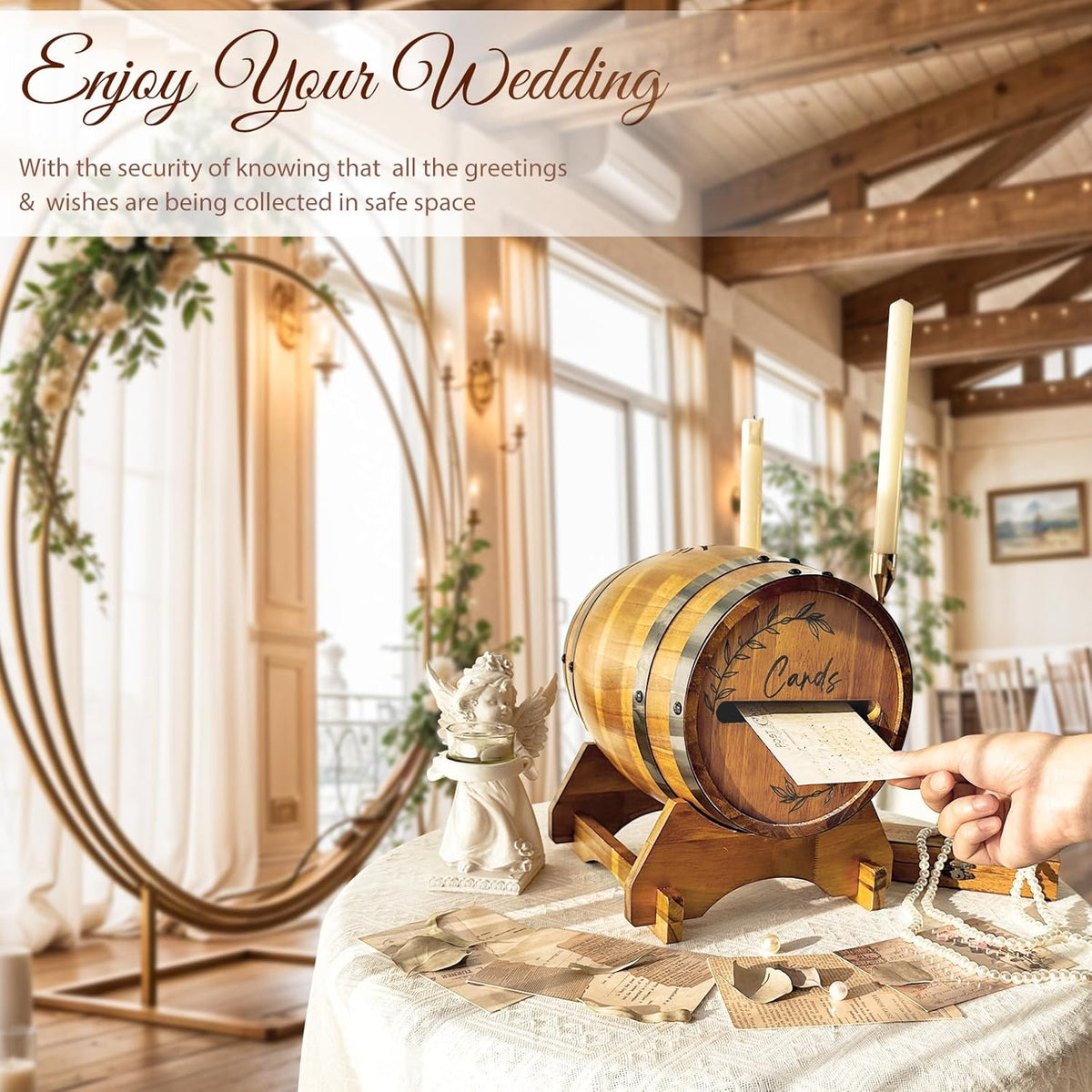 OurWarm Wooden Wedding Card Box for Party with Base, Brown Whiskey Barrel Gift Card Box Holder for