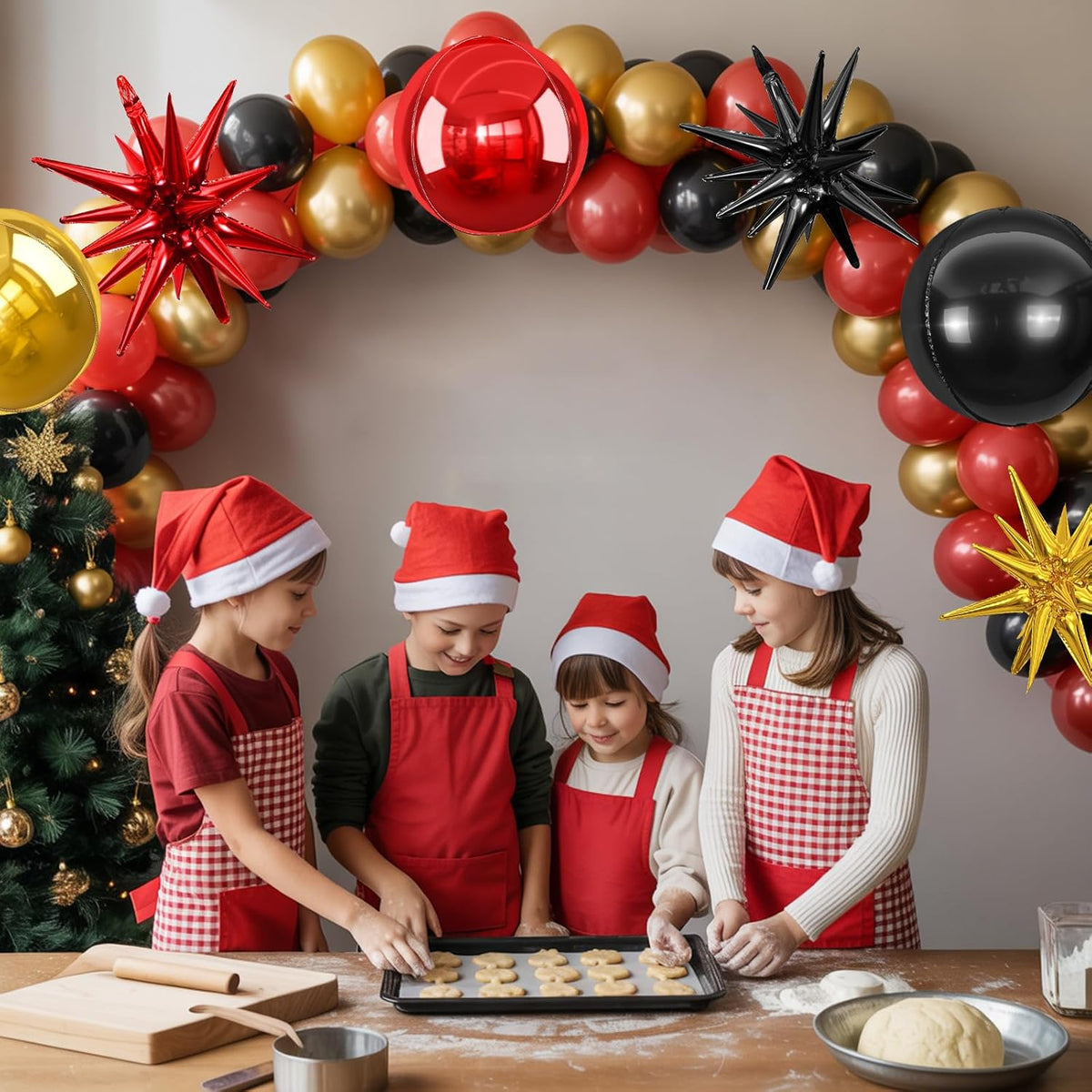 6Pcs Black Red Gold Foil Balloons,22Inch Black Gold Red 4D Round Ball Balloon and Explosion Star