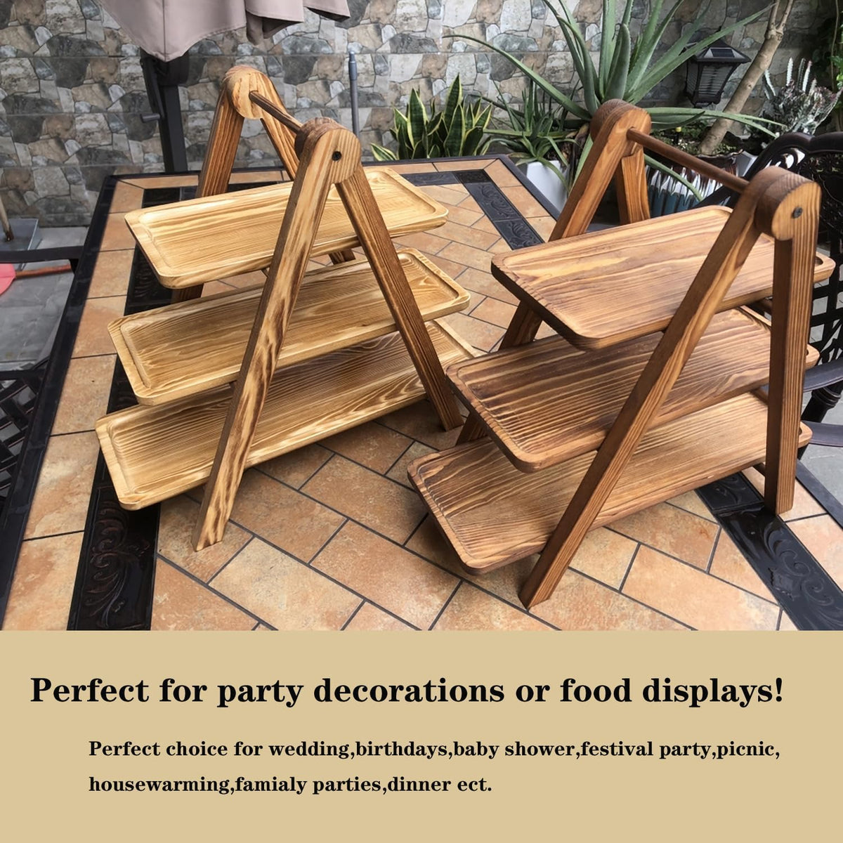 Wooden 3 Tier Serving Tray, Detachable Cupcake Stand, Rectangle Serving Platter Three Tiered
