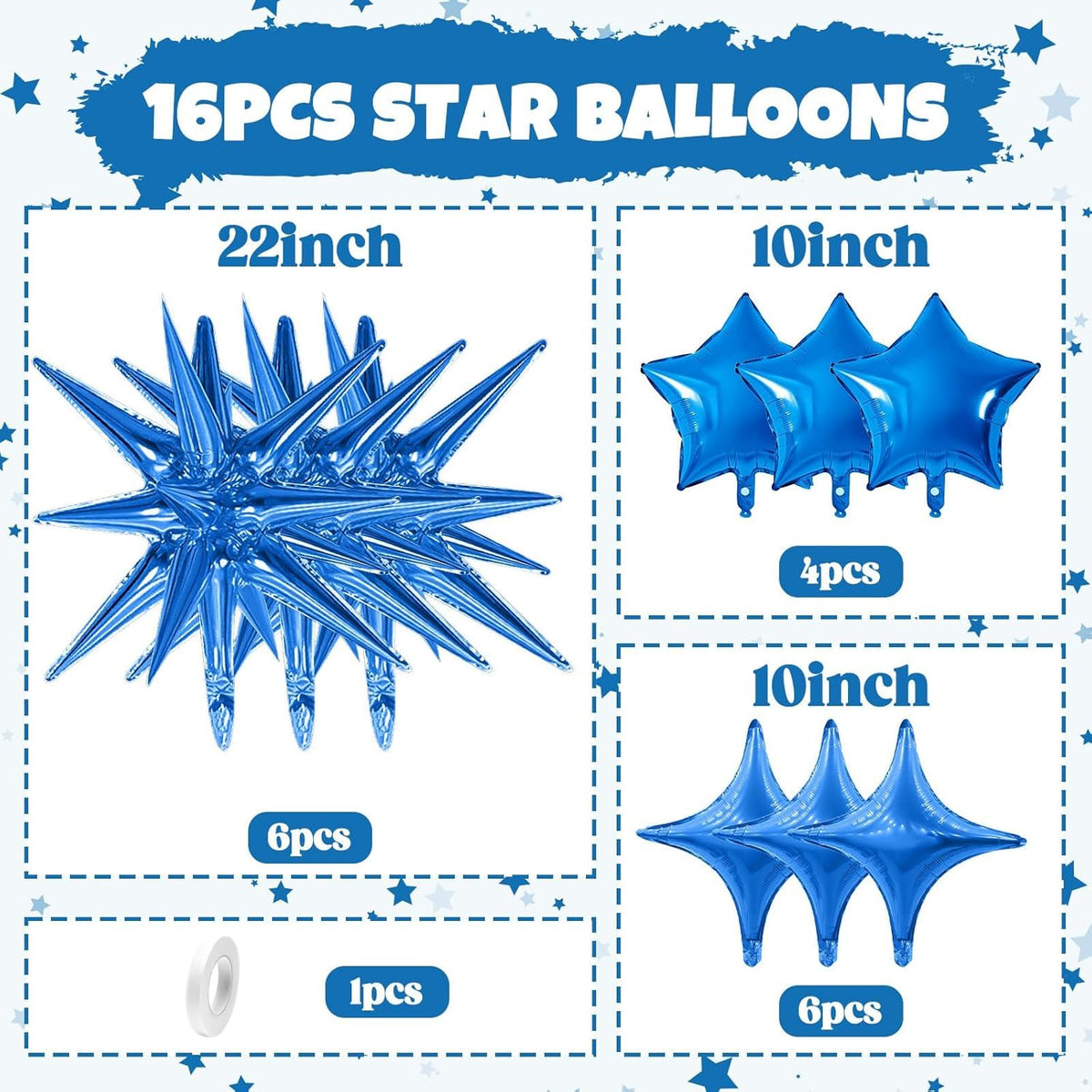 Blue Star Balloon,16Pcs Star Foil Balloons Set with 22Inch Explosion Spike Cone Balloons and 10Inch
