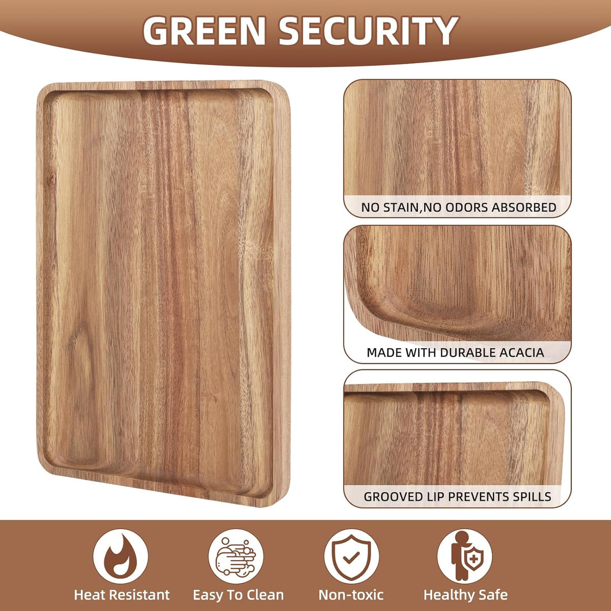 2 PCS Solid Acacia Wood Serving Trays 13 * 9 inch Rectangular Wooden Serving Platters Natural