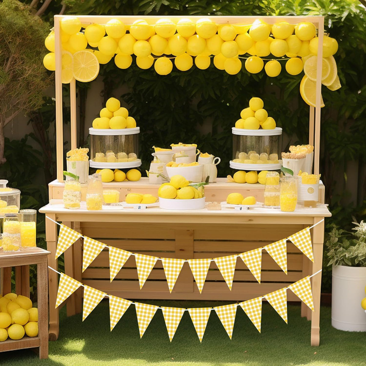 Yellow Gingham Banner for Picnic, BBQ Themed Party Decorations, Yellow and White Checkered Bunting