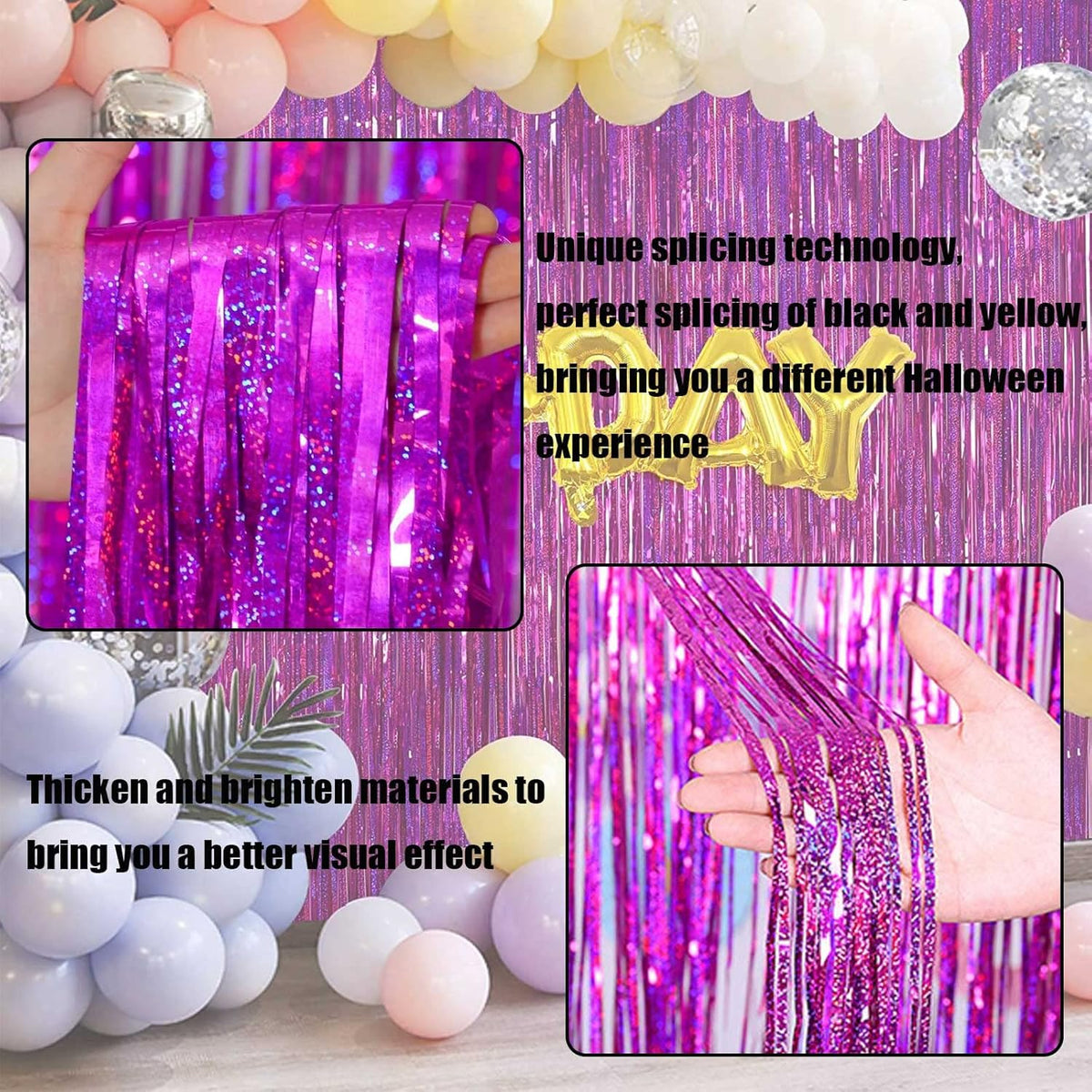 4 Pack Fuchsia Tinsel Foil Fringe Curtain Backdrop, 3.28Ft x 8.2Ft Metallic Streamers for Photo