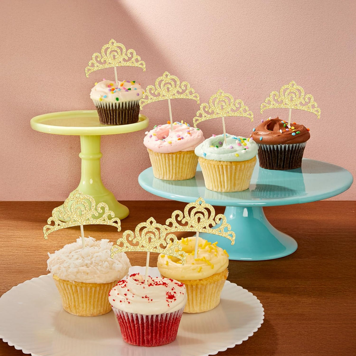 Gyufise 24Pcs Gold Princess Crown Cupcake Toppers Glitter Princess Cake Pick Decorations for