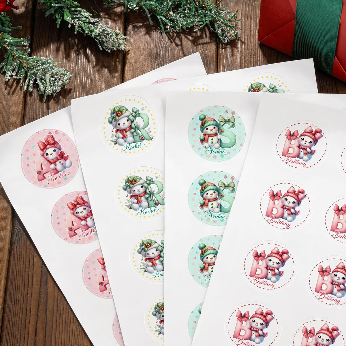 callie Personalized Christmas Stickers - Custom Name & Initial, 1.97 Inch Cute Snowman Design Merry