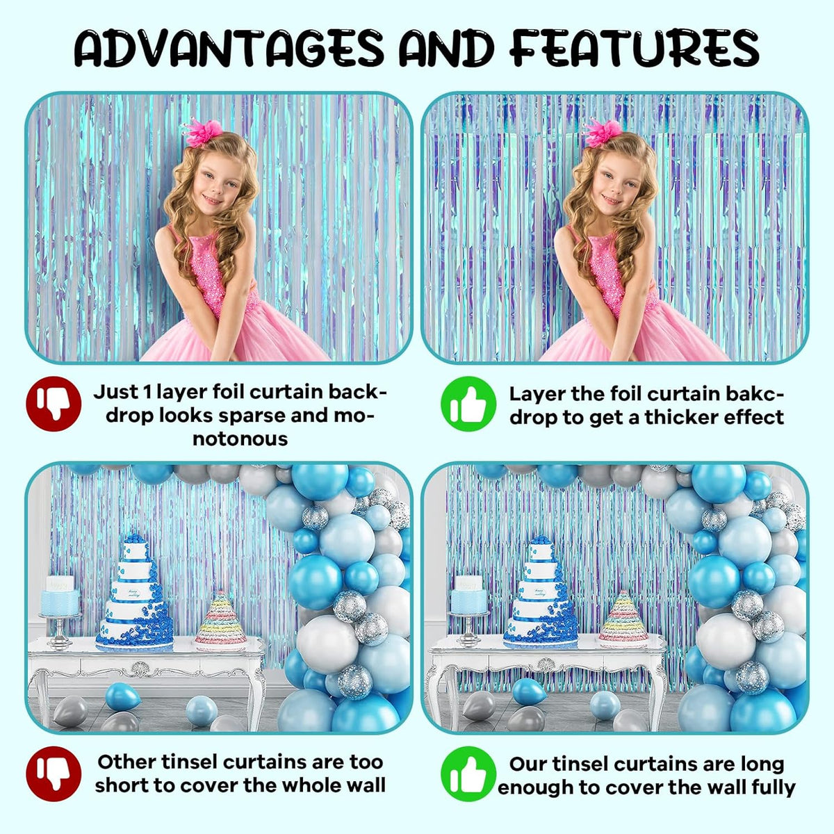 2 Pack 3.3x8.2 Feet Neon Iridescent Foil Fringe Backdrop Curtains, Tinsel Streamers Birthday Party
