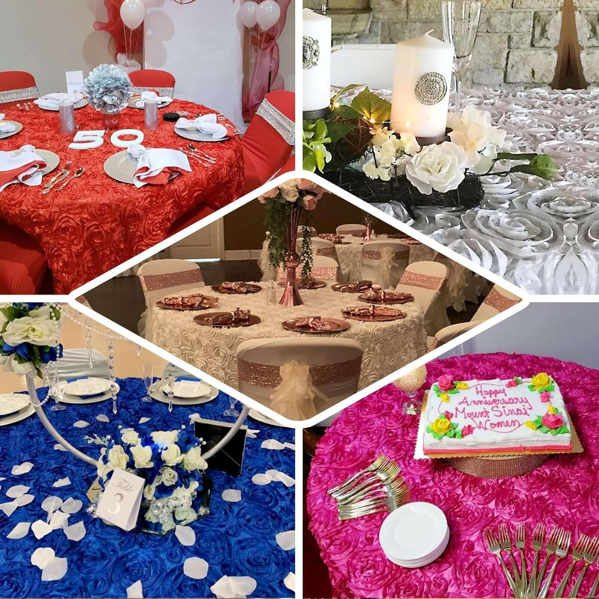 Efavormart 120" Wholesale Round Table Cover Champagne Grandiose Rosette 3D Satin Tablecloth for