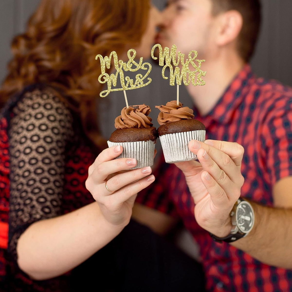 Gyufise 36Pcs Mr & Mrs Cupcake Toppers Love Mr Mrs Cupcake Picks Gold Glitter Wedding Cucpake