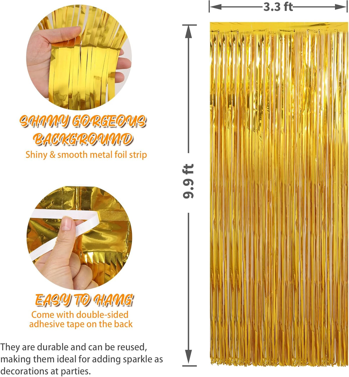 Crosize 3 Pack 3.3 x 9.9 ft Gold Foil Fringe Glitter Curtains Party Decorations, Tinsel Backdrop