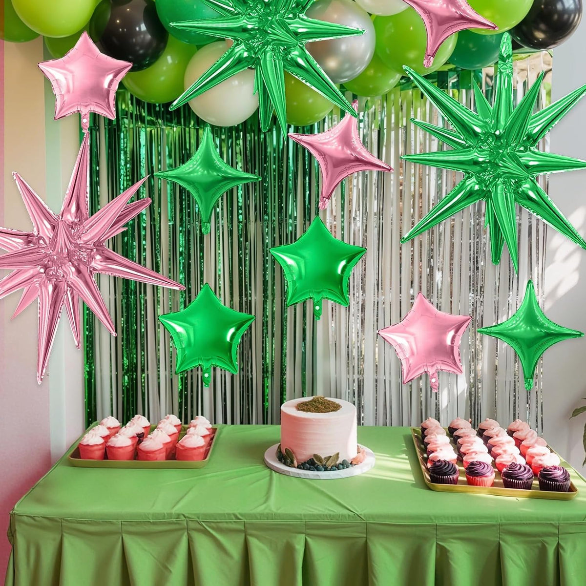 Pink Green Star Balloon,16Pcs Star Foil Balloons Set with 22Inch Explosion Spike Cone Balloons and