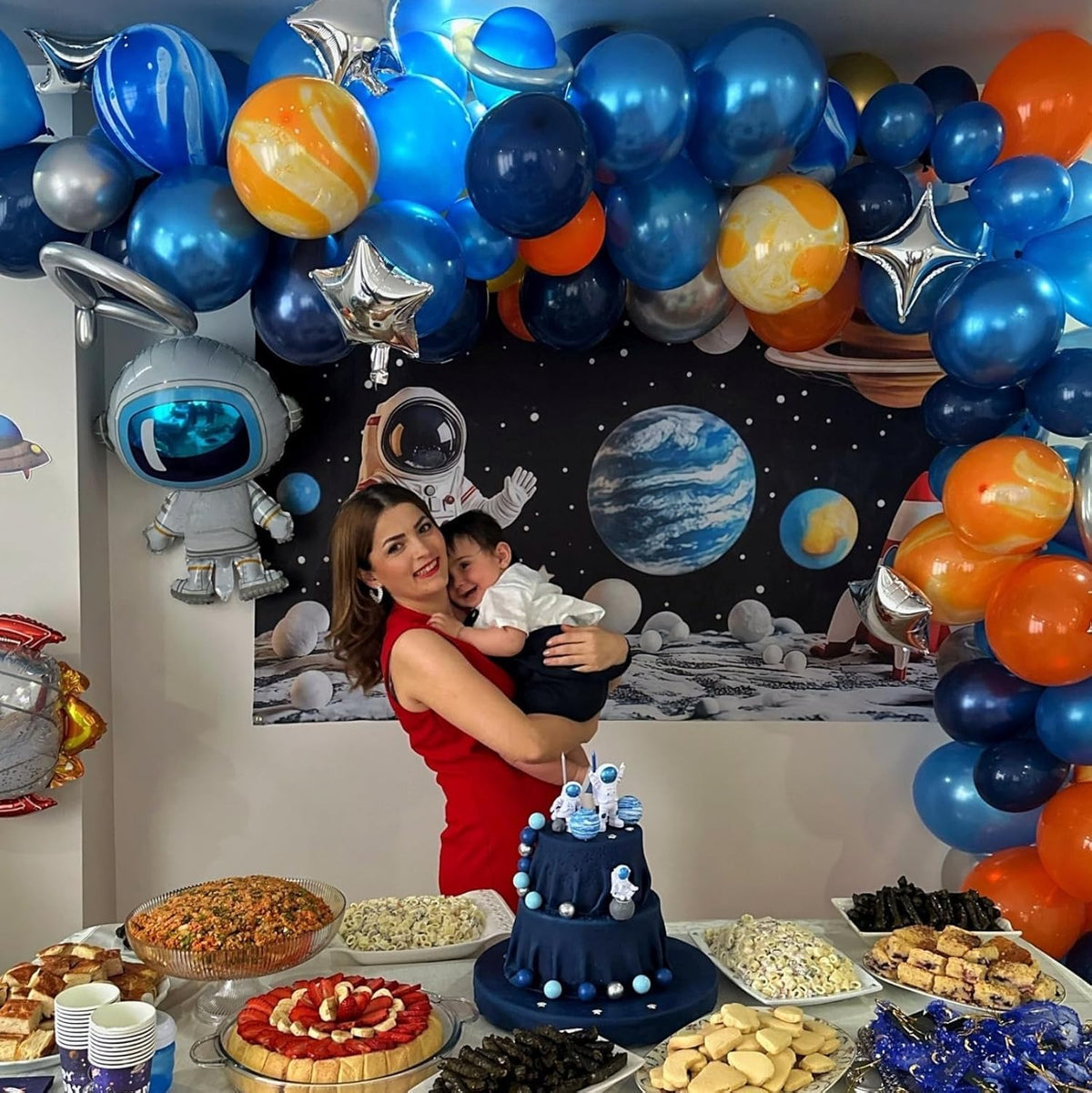 Orange Blue Balloons, Outer Space Party Balloons Set,12 Inch Navy Blue Silver Orange Yellow Agate