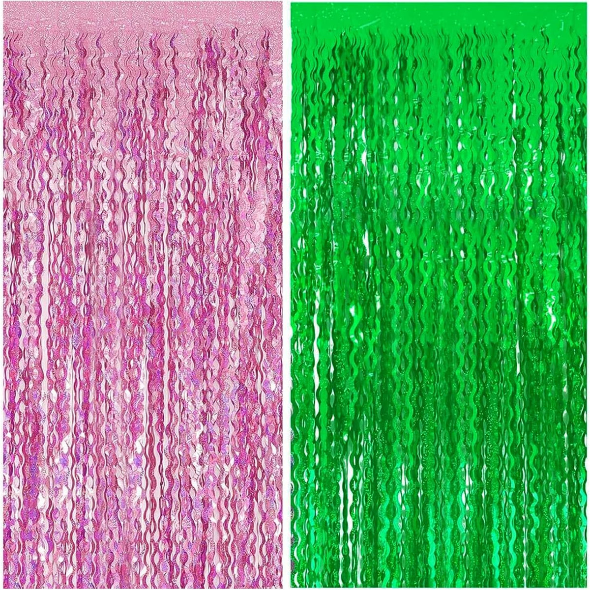 CANREVEL 2 Pack 3.3x6.6 Feet Pink and Green Wavy Foil Fringe Backdrop Curtains, Tinsel Streamers