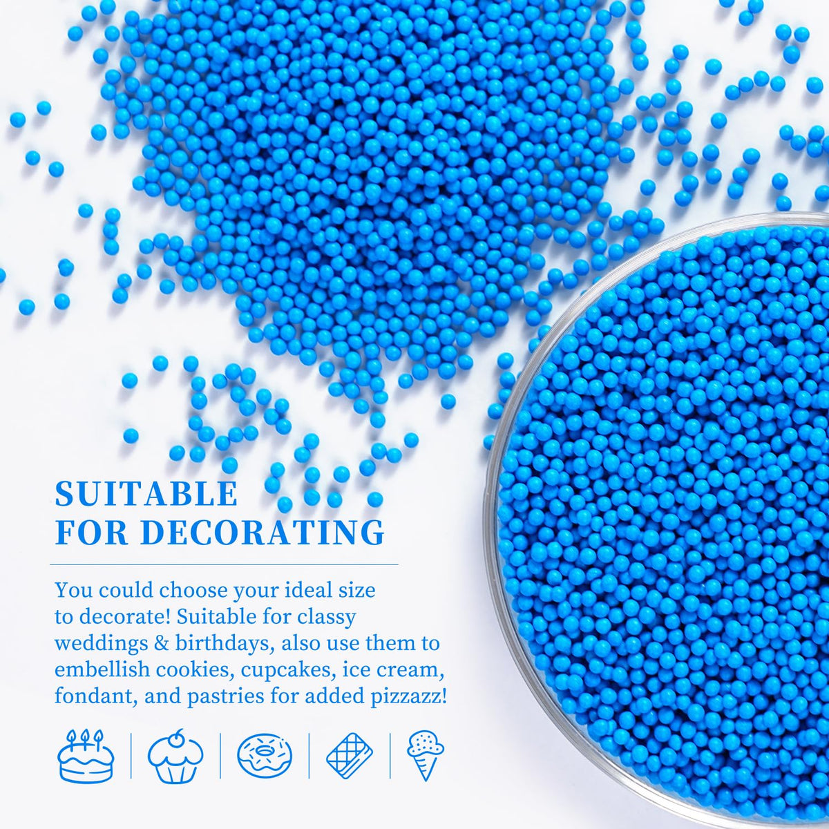 Edible Blue Sprinkles, Blue Nonpareils Sprinkles, 2mm Pearls Sprinkle for Cake Decorating and