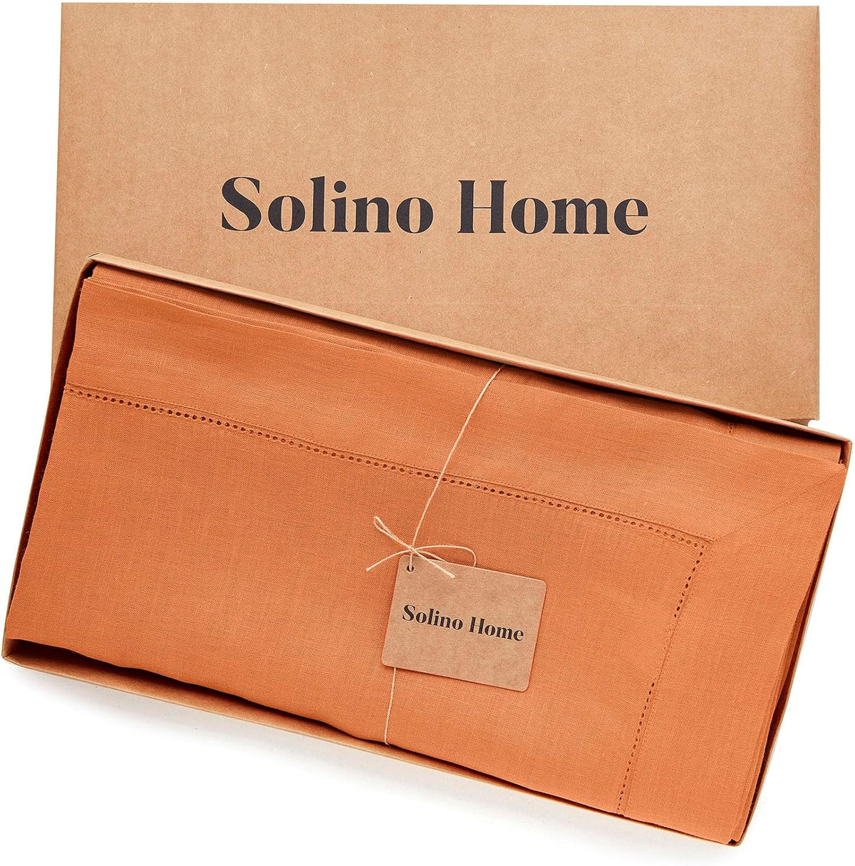 Solino Home Linen Tablecloth 60 x 90 Inch - Classic Hemstitch 100% Pure Linen Pumpkin Table Cloth