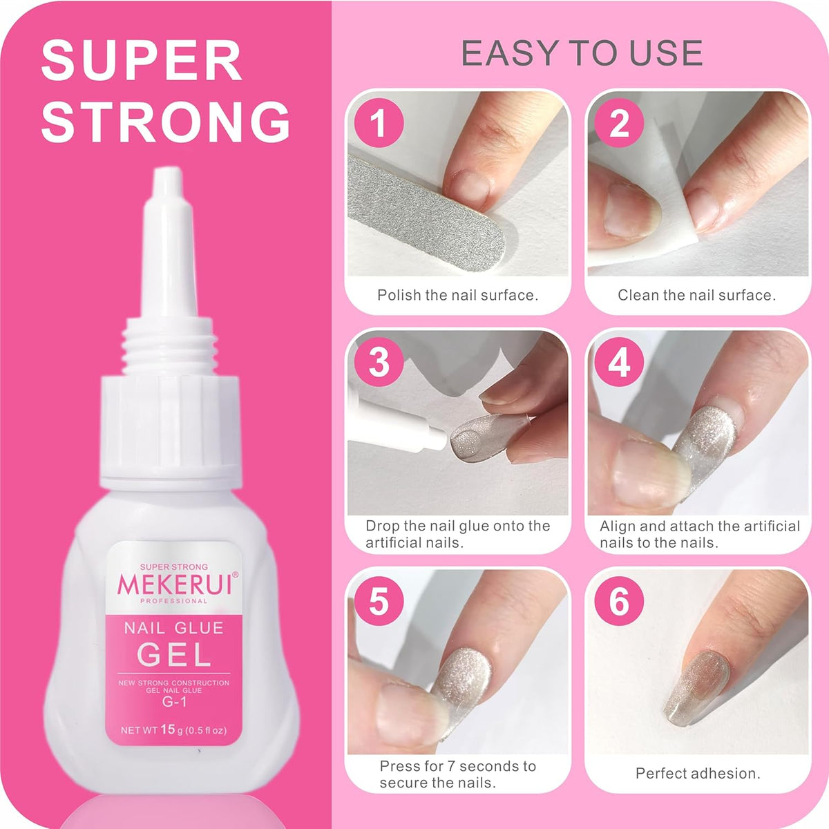 Super Strong Nail Glue Gel (15g) for Press on Nails,Drip and Clog Proof,7S Quickly Dry Without UV