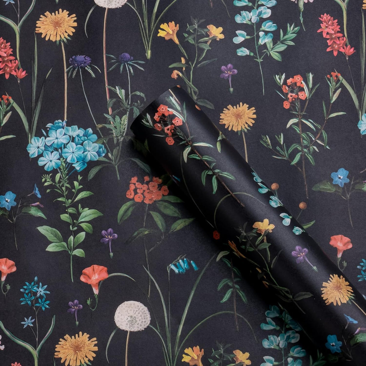 WRAPAHOLIC Kraft Wildflower Wrapping Paper - Mini Roll - 17 Inch x 16.5 Feet - Black Floral