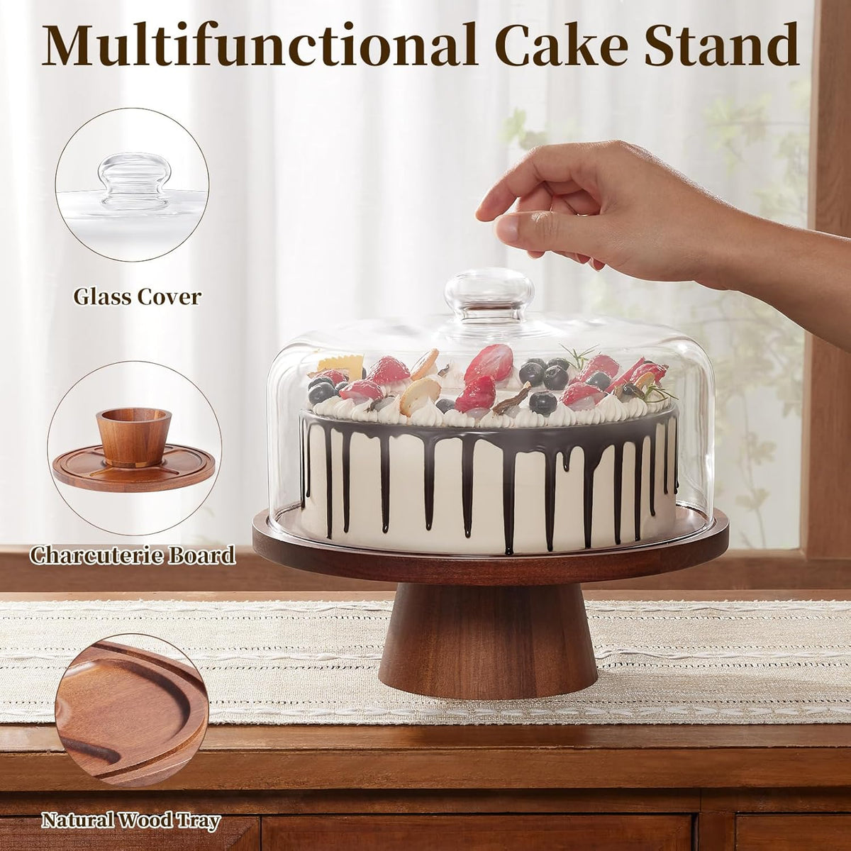 Wooden Cake Stand with Lid, Acacia Cake Stand with Glass Dome, 11-Inch Versatile Dessert Stand with