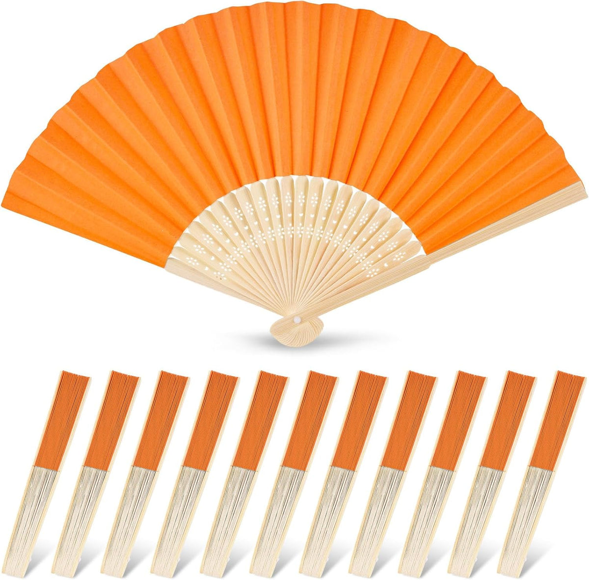 JOHOUSE 12 Packs Paper Folding Hand Fans, 8.3 Inch Orange Paper Fans Handheld Decorative