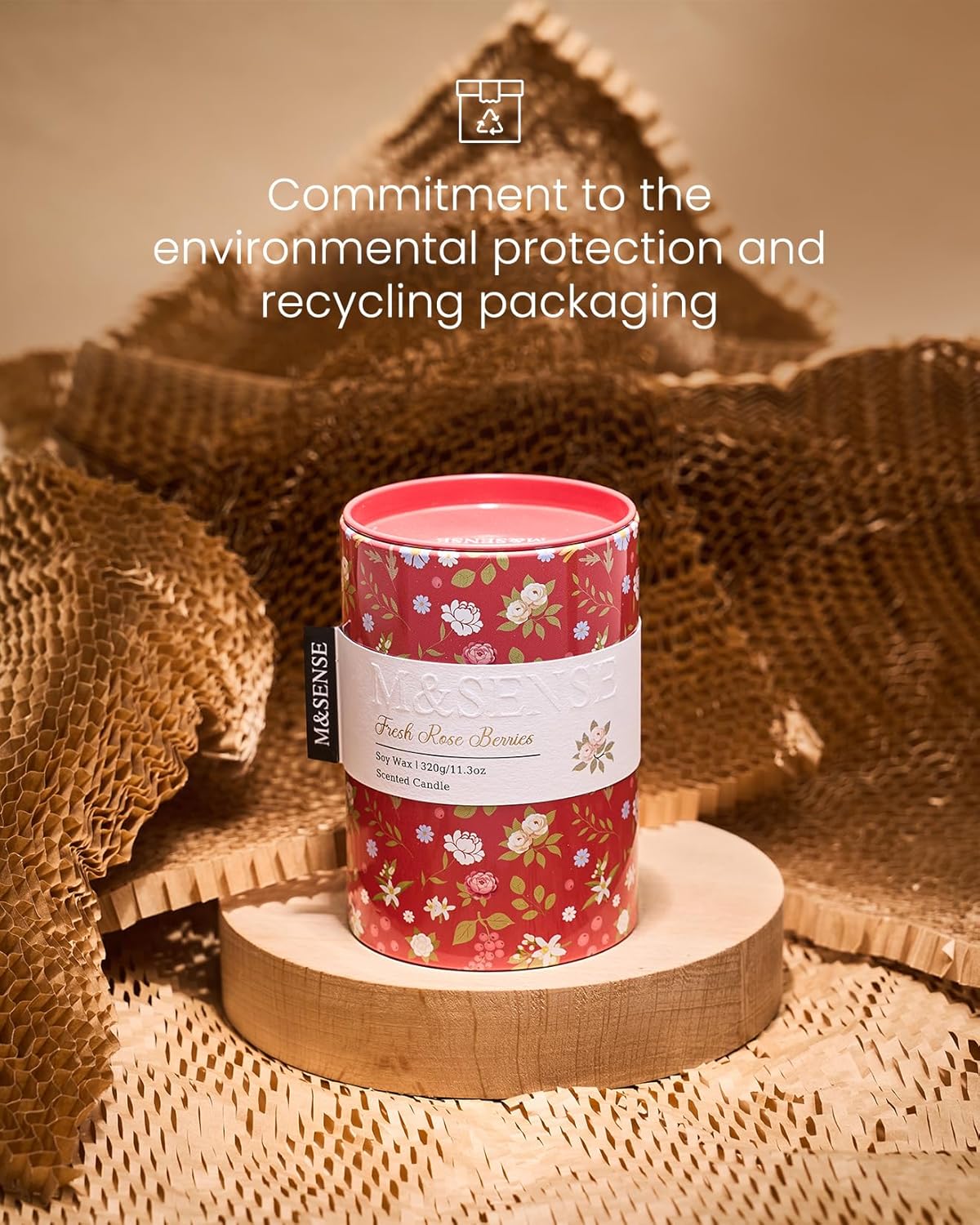 M&SENSE Fresh Rose Berries Scented Candle, Medium Jar Candle 11.3oz Natural Soy Wax for Home
