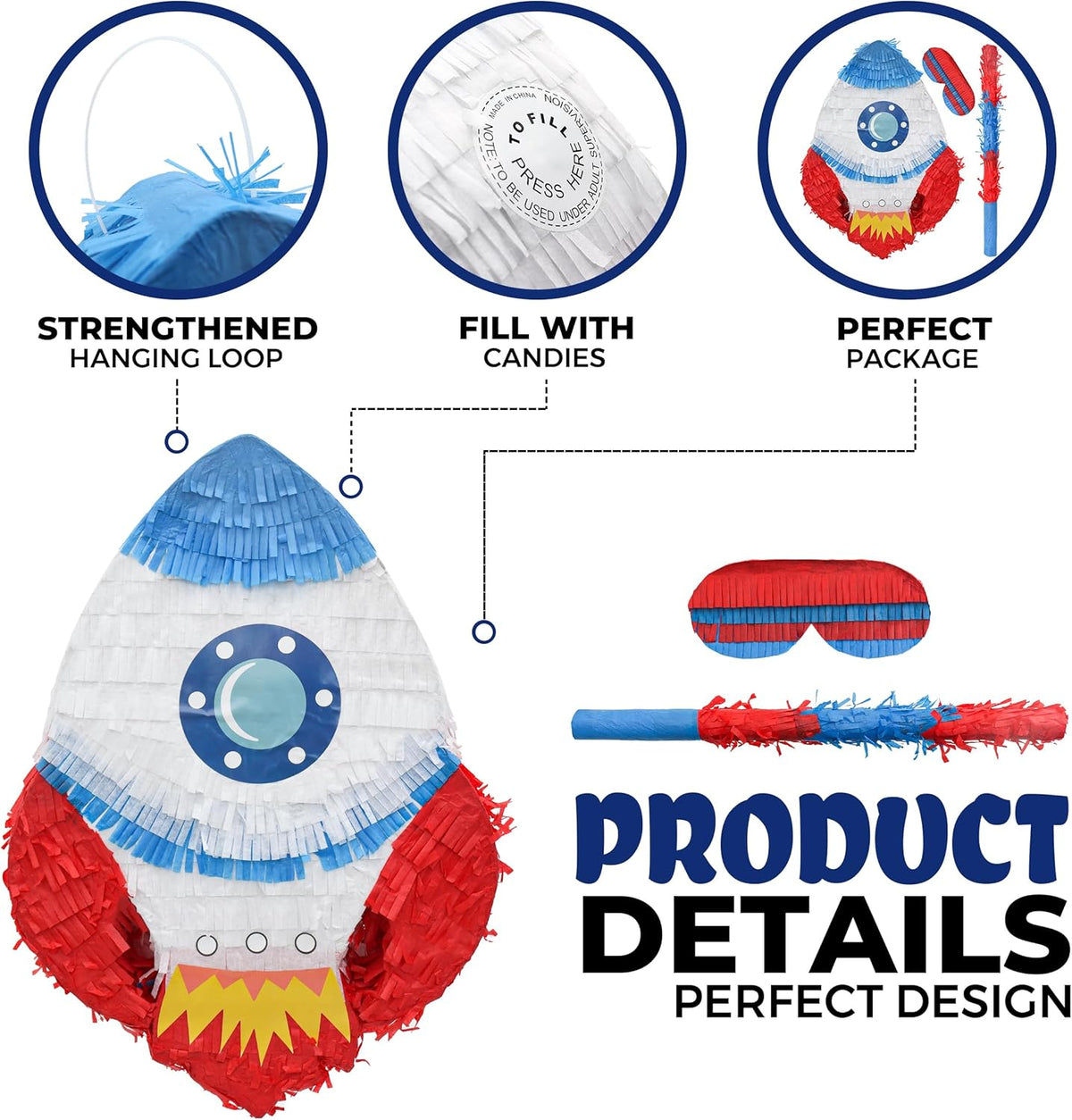Rocket Pinatas Bundle with a Blindfold and Bat(16.5x11.4x4 Inches), Perfect for Boy's Birthday