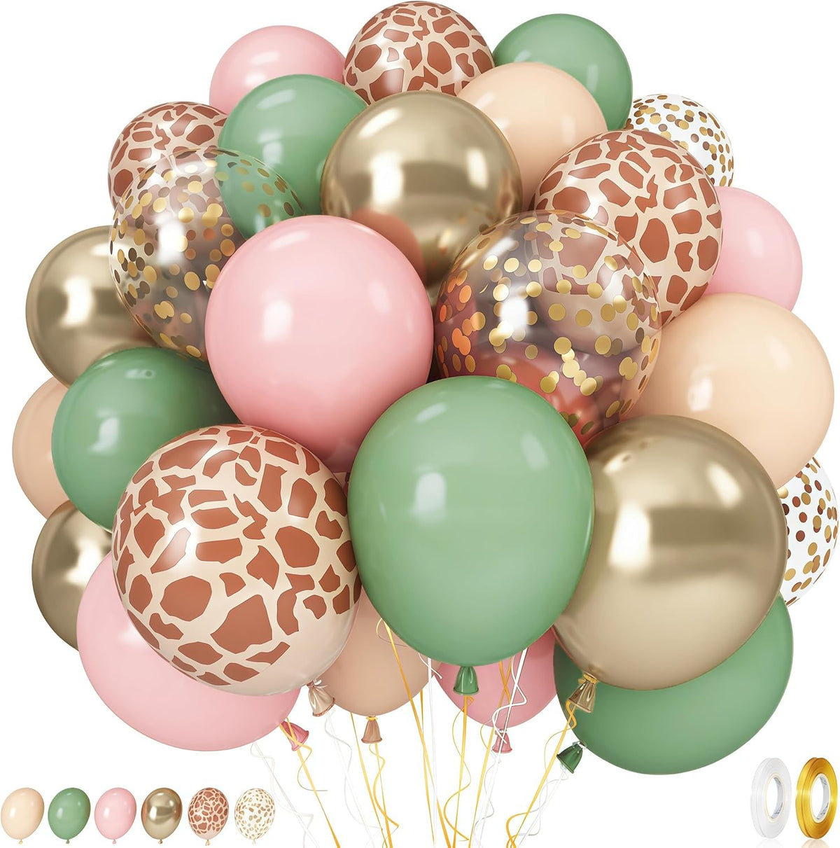 Pink Jungle Safari Balloons, 60PCS Sage Green Pastel Pink Gold Balloon, Light Pink Cream Beige