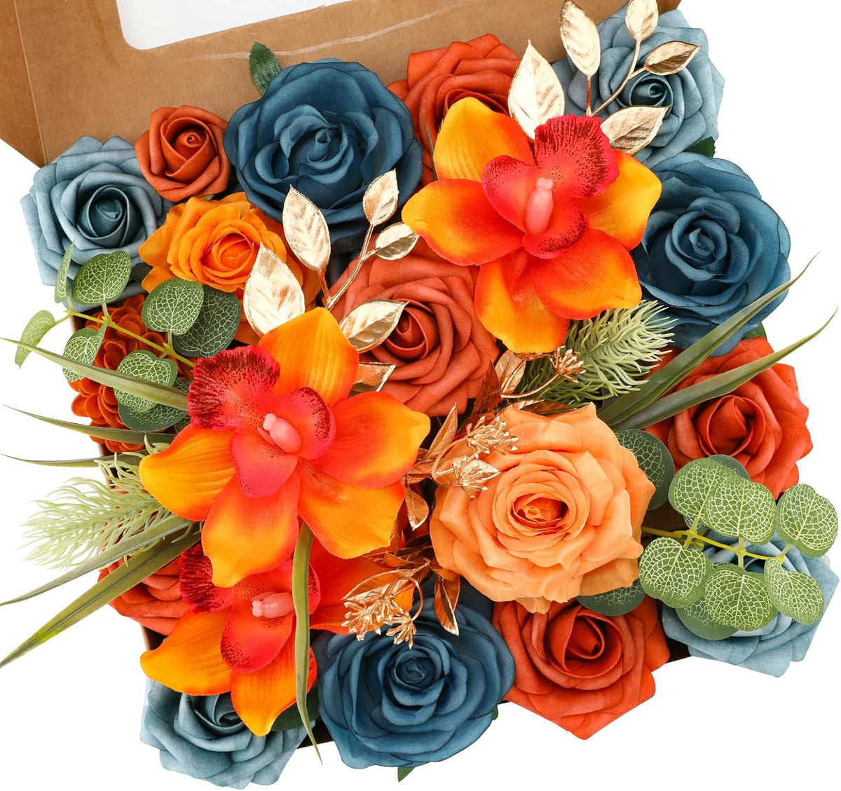 Floweroyal Artificial Flowers Combo Orange Flowers Mix Silk Flowers Fake Roses with Stems for DIY