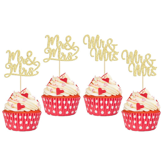 Gyufise 36Pcs Mr & Mrs Cupcake Toppers Love Mr Mrs Cupcake Picks Gold Glitter Wedding Cucpake